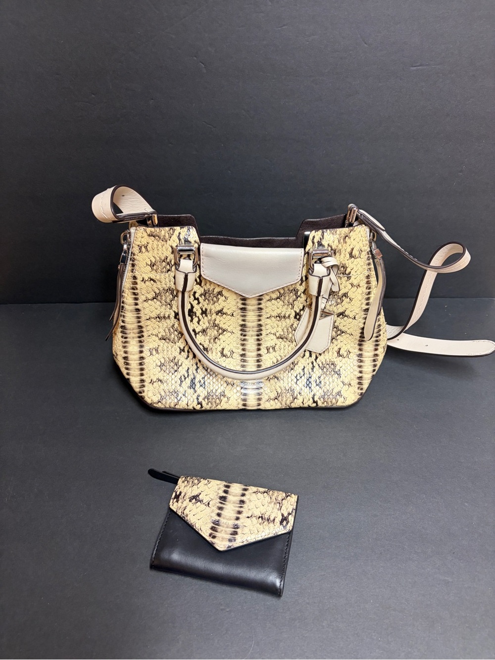 Beige Snake-Print Satchel Handbag with Crossbody Strap